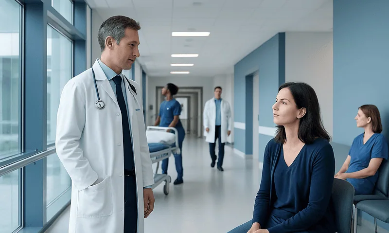 Doctor consulting a patient in a hospital corridor with medical staff in background.