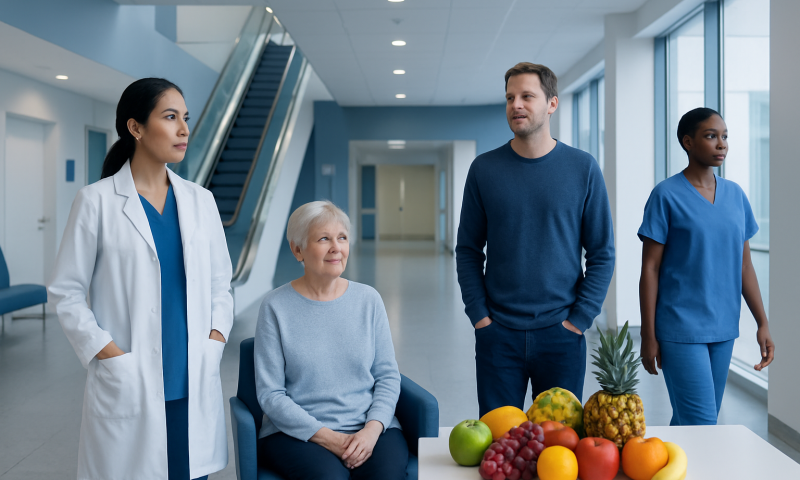 Hospital staff and patient discussing healthy fruits in a modern hospital corridor.