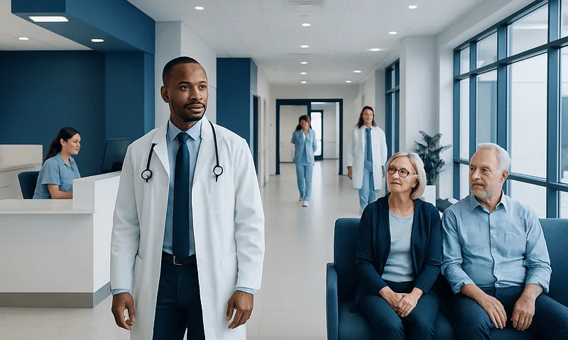 Medical team and patients in a modern hospital corridor.