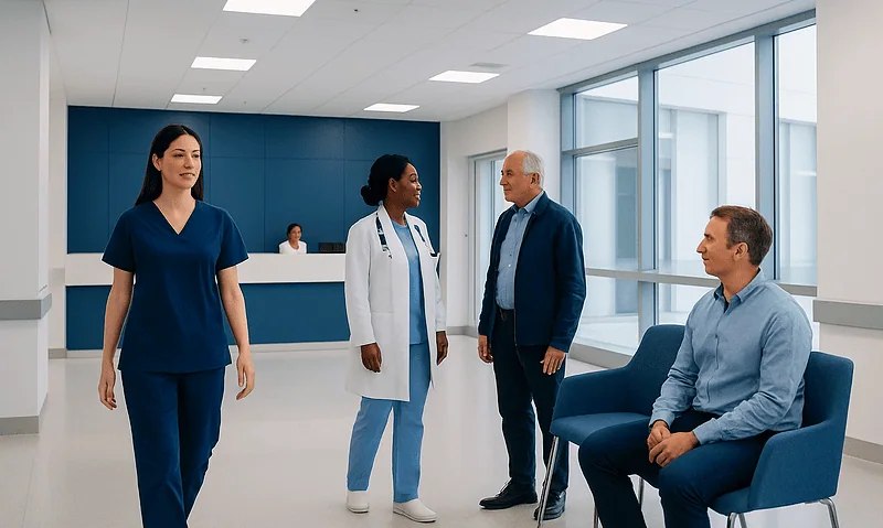 Medical staff and patient in a modern hospital lobby.