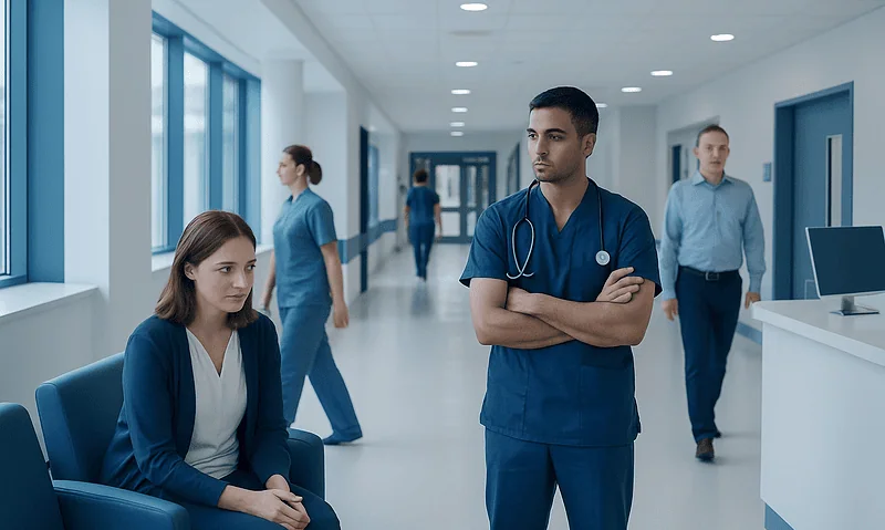 Medical team in hospital corridor with doctor and patient.
