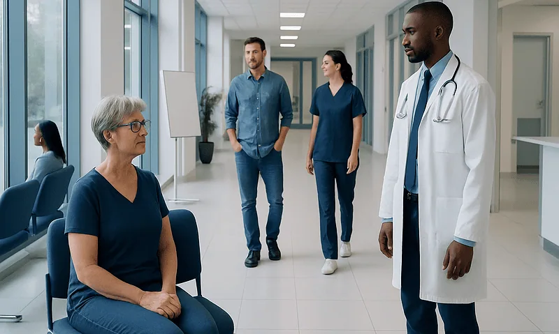Doctor consulting elderly woman in hospital corridor with medical staff nearby.