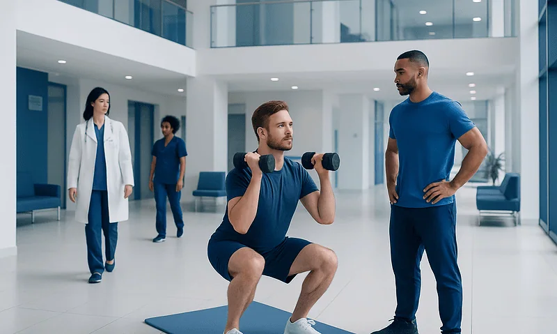 Man performing squat with dumbbells in hospital gym with medical staff.