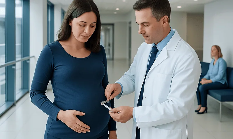 Pregnant woman consulting with doctor in hospital corridor.