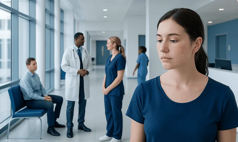 Young woman waiting in hospital corridor with medical staff in background.