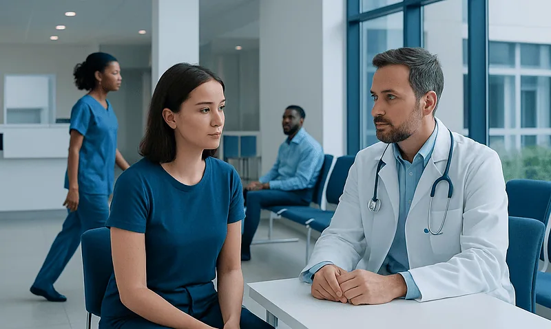 Doctor consulting a patient in a modern hospital setting.