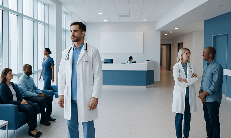 Medical staff and patients in a modern hospital waiting area.