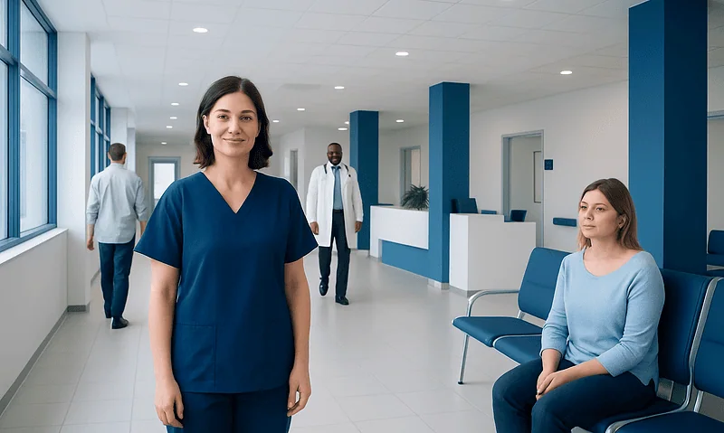 Healthcare professionals in a modern hospital waiting area.