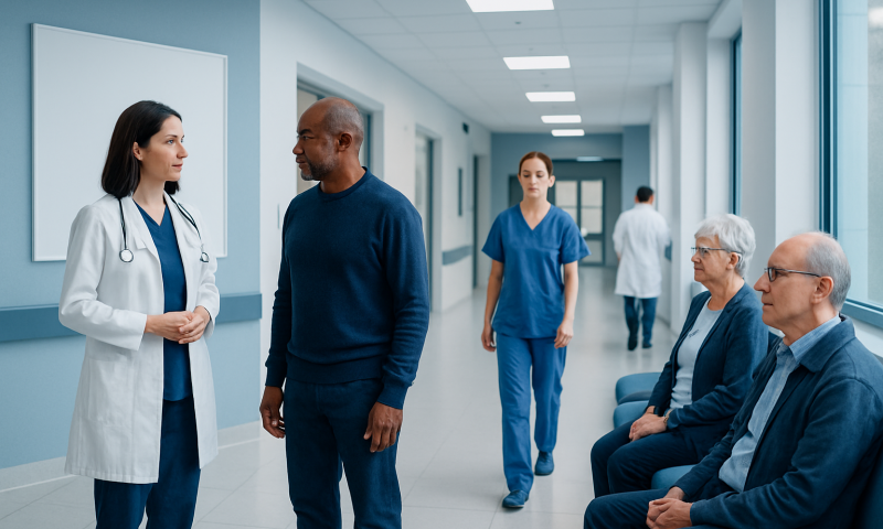 Medical staff and patients in a hospital corridor at Acibadem Hospitals Group.