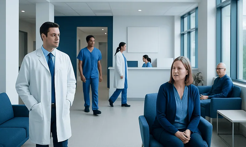 Medical professionals and patient in hospital waiting area at Acibadem Hospitals Group.