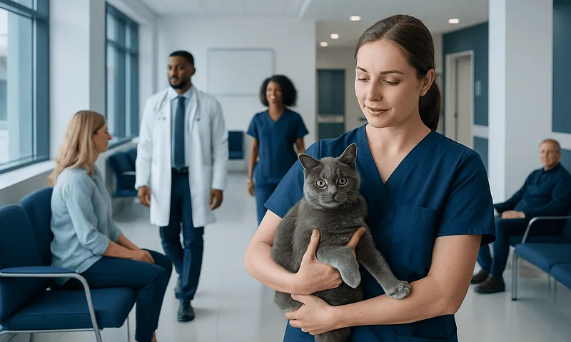 Veterinarian holding a gray cat in a modern veterinary clinic.