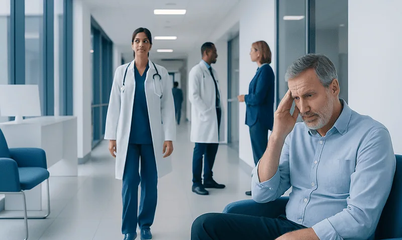 Patient experiencing headache in hospital corridor with medical staff nearby.