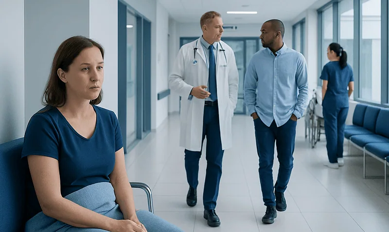 Galactorrhea: What Patients Need to Know 10 Patient waiting in hospital corridor with medical staff nearby.