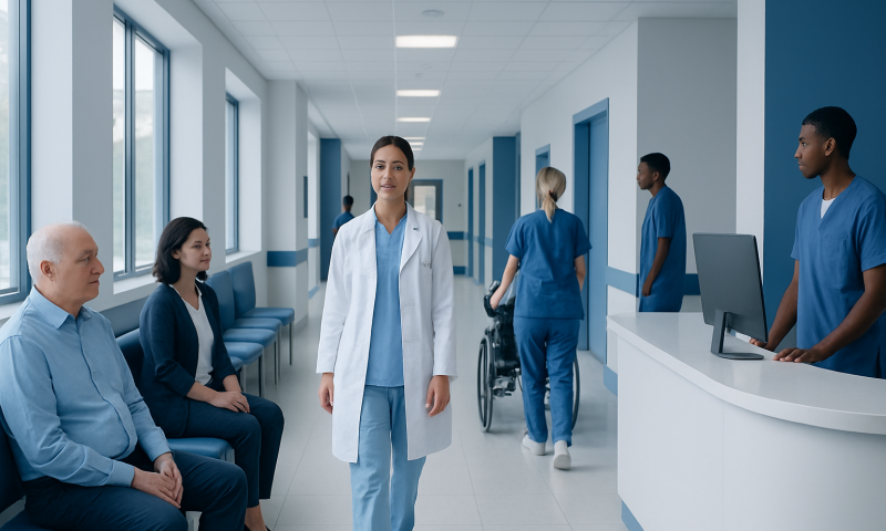 Hospital corridor with medical staff and patients in a modern healthcare facility.