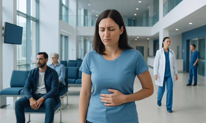 Woman experiencing abdominal pain in hospital waiting area.