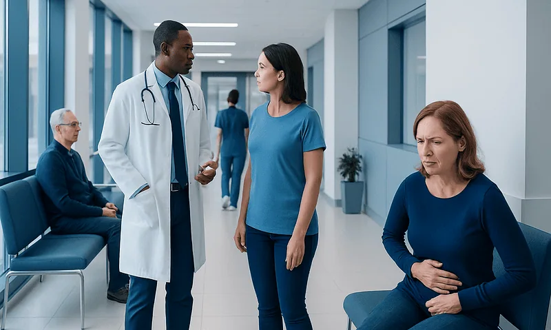 Doctor consulting with a patient in a hospital corridor.