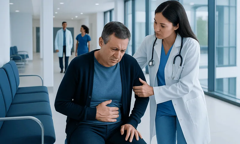 Doctor examining a patient with stomach pain in a hospital corridor.
