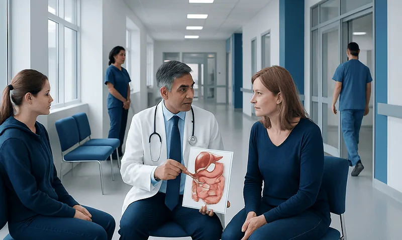 Doctor explaining gallbladder anatomy to a patient in a hospital corridor.