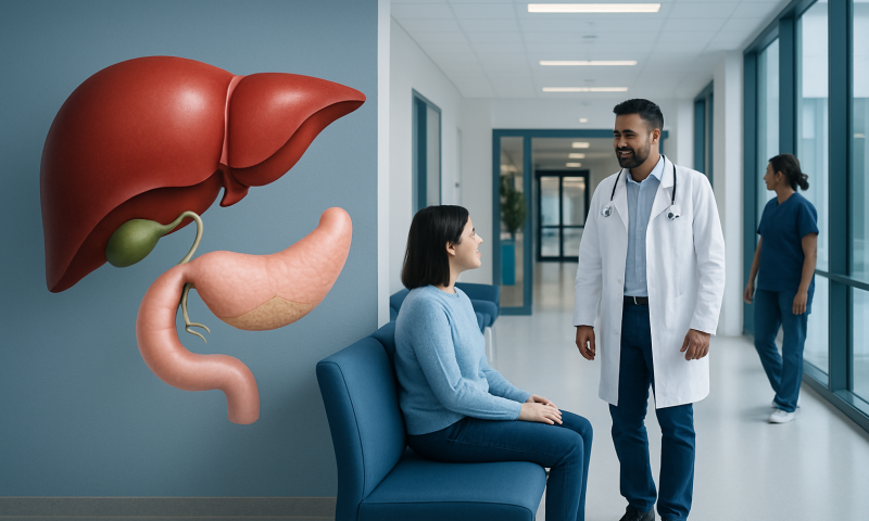 Doctor consulting with patient about gallbladder health in hospital corridor.