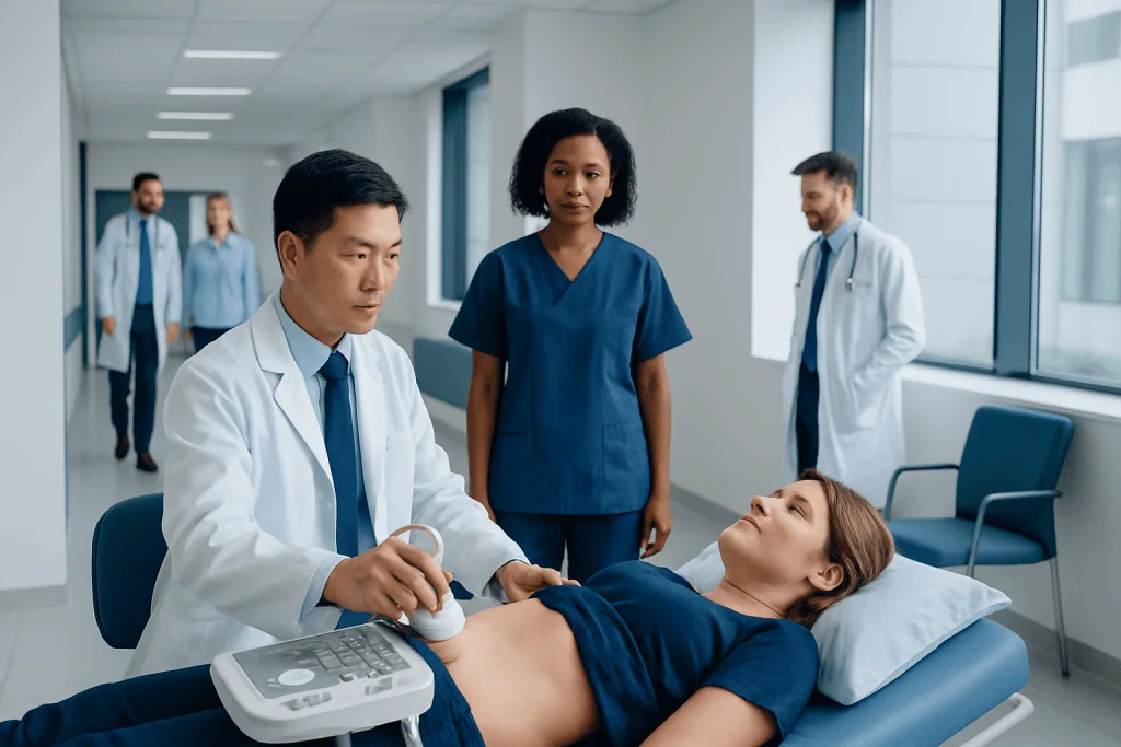 Gallbladder Ultrasonography — Explained by Medical Evidence, Not Myths 1 Doctor performing gallbladder ultrasound on patient in hospital.