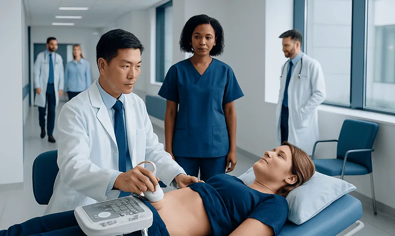 Doctor performing gallbladder ultrasound on patient in hospital.