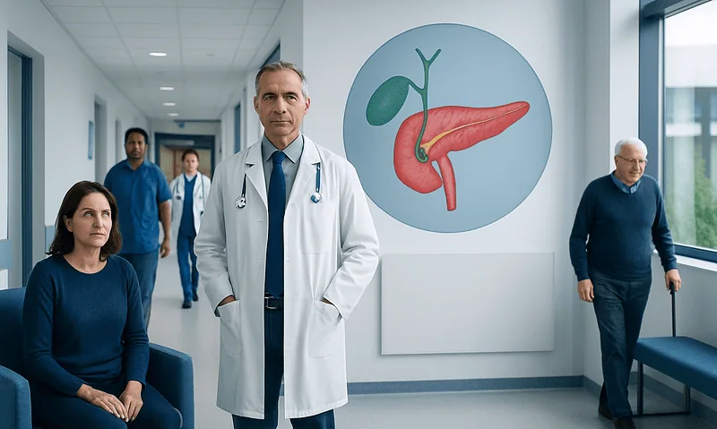 Medical team in hospital corridor with gallbladder illustration on wall.