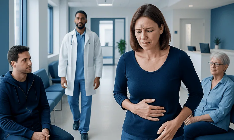 Woman experiencing abdominal pain in a hospital waiting room.