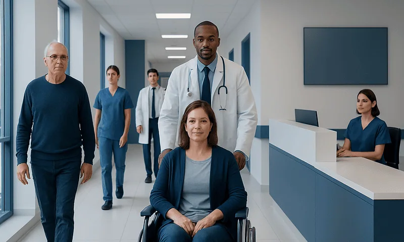 Medical team with a patient in a hospital corridor at Acibadem Hospitals Group.