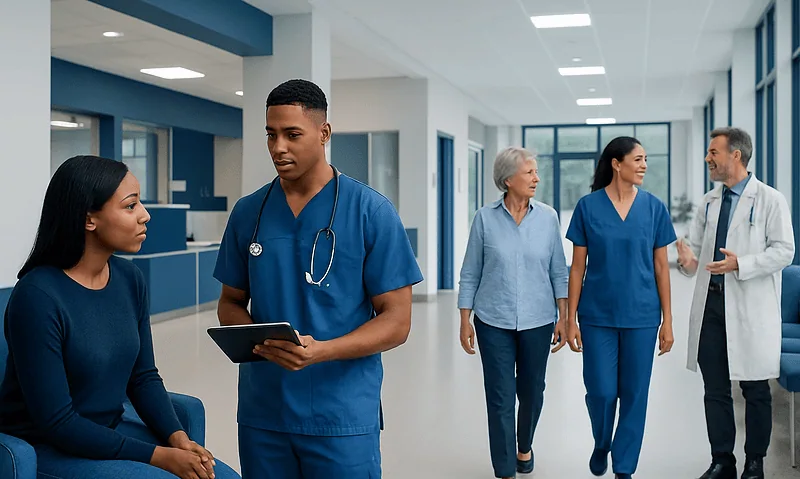 Healthcare professionals and patients in a modern hospital corridor.