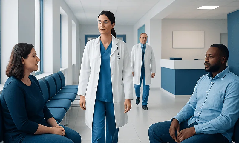 Medical professionals consulting with a patient in a hospital corridor.