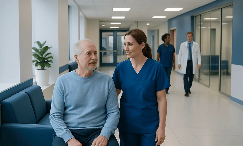 Patient talking with nurse in hospital corridor.
