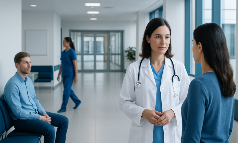 Doctor consulting with a patient in a modern hospital corridor.