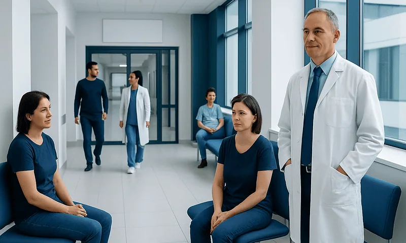 Medical team in hospital corridor with patients and doctor.
