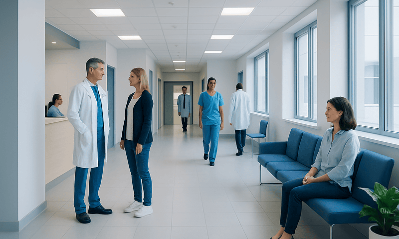 Hospital corridor with doctors and patients in a modern healthcare facility.