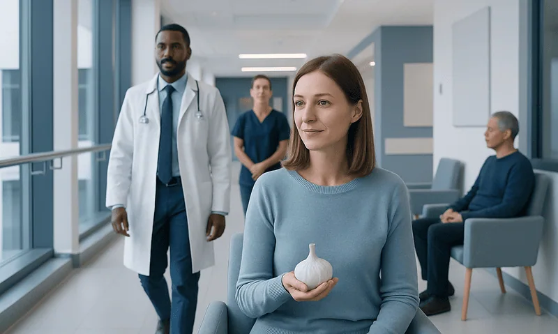 Patient holding garlic in hospital corridor for health benefits.