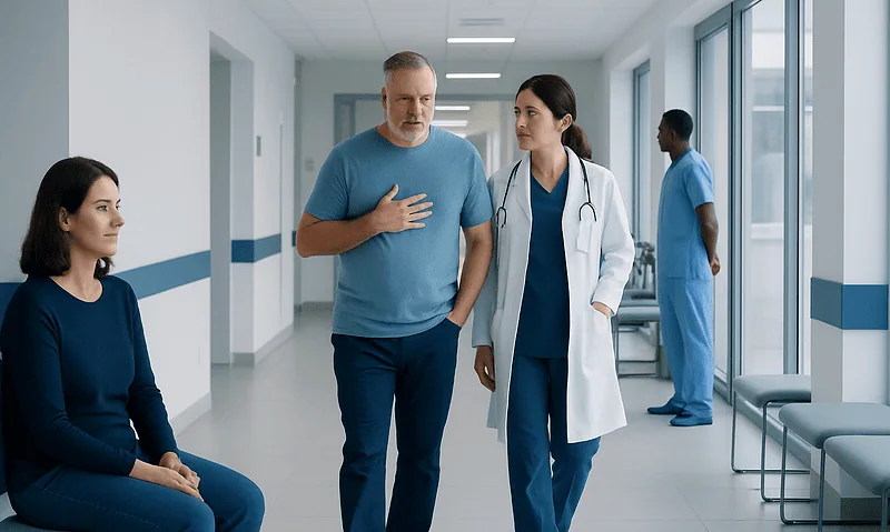 Patient experiencing chest discomfort during medical consultation at hospital.