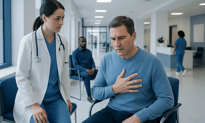 Gas trouble in chest: Common Causes, Warning Signs, and When to Worry 4 Patient experiencing chest discomfort in a hospital waiting area.