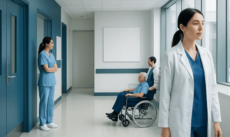 Medical staff and patient in hospital corridor at Acibadem Hospitals Group.