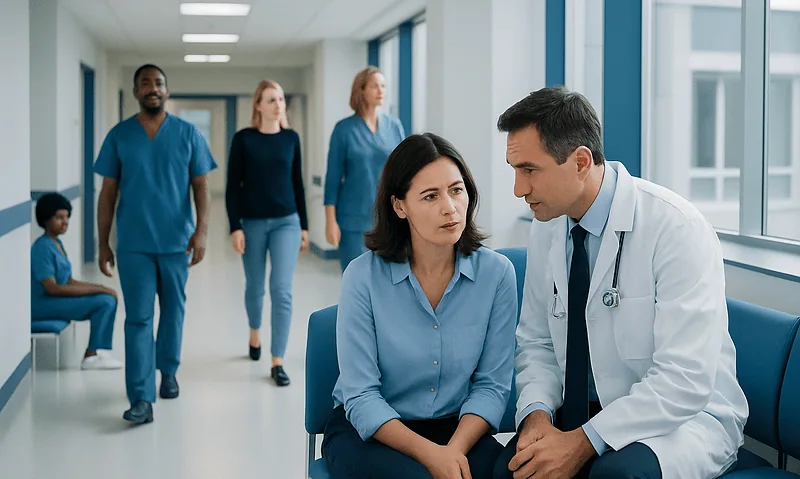 Doctor consulting with a female patient in a hospital corridor.