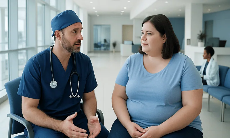 Doctor consulting with a patient in a hospital waiting area.
