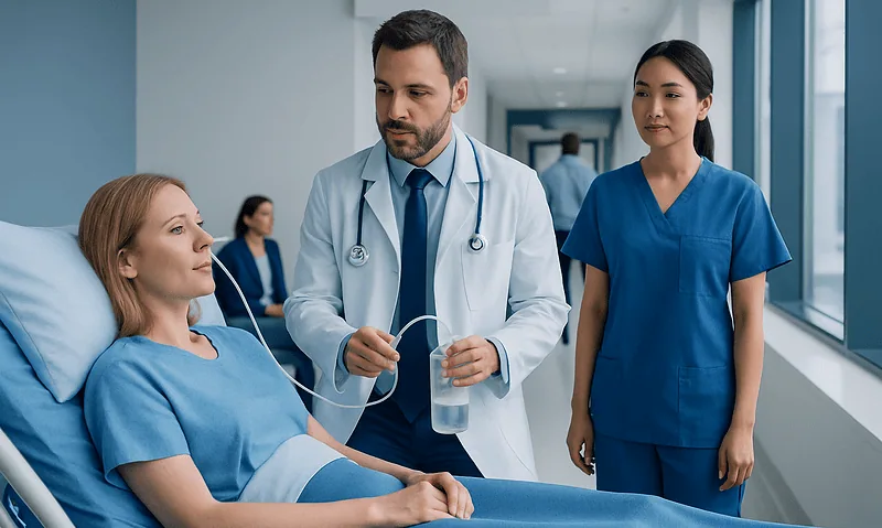 Doctor explaining gastric lavage procedure to patient in hospital.