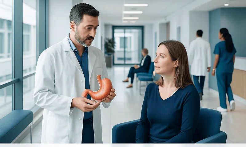 Doctor explaining gastric sleeve procedure to a patient in a hospital corridor.