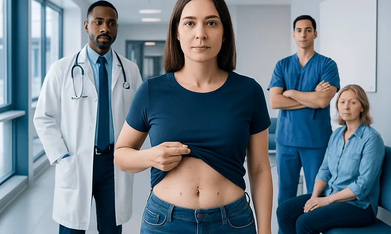 Patient showing her abdomen in a medical consultation setting.
