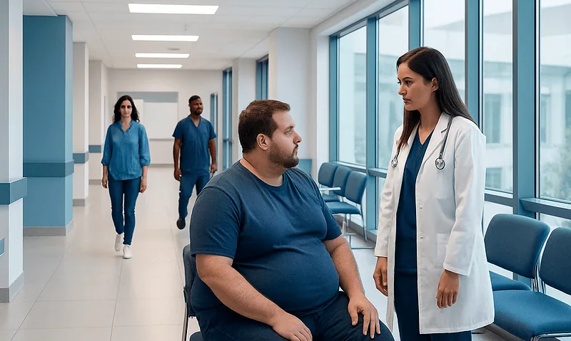 Patient consulting with doctor in hospital corridor.