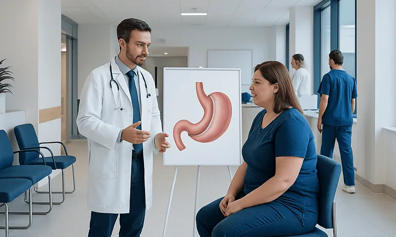 Doctor explaining stomach diagram to patient in hospital corridor.