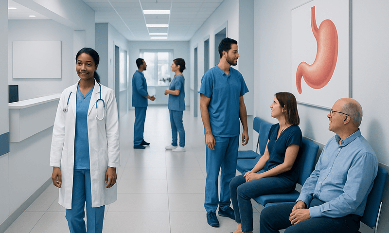 Healthcare professionals and patients in a hospital corridor with stomach diagram.