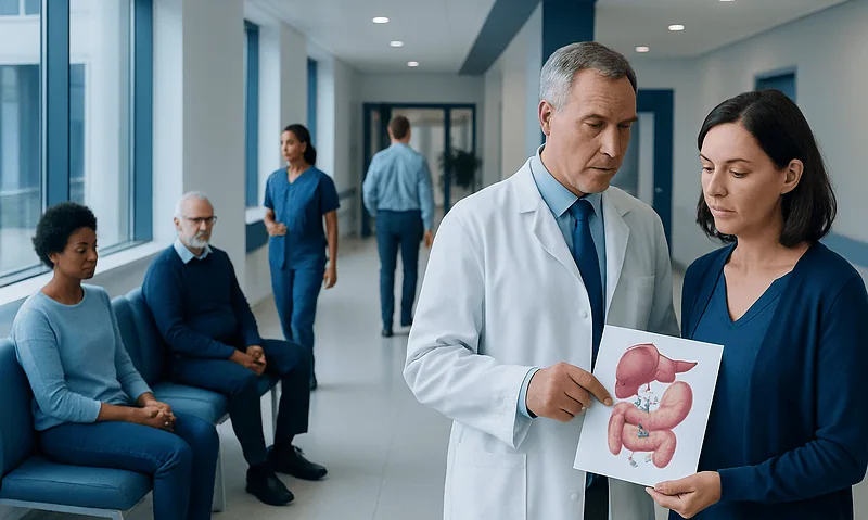 Doctor explaining gastrointestinal diagram to patient in hospital corridor.