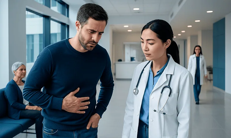 Patient experiencing stomach pain consulting with doctor at hospital.