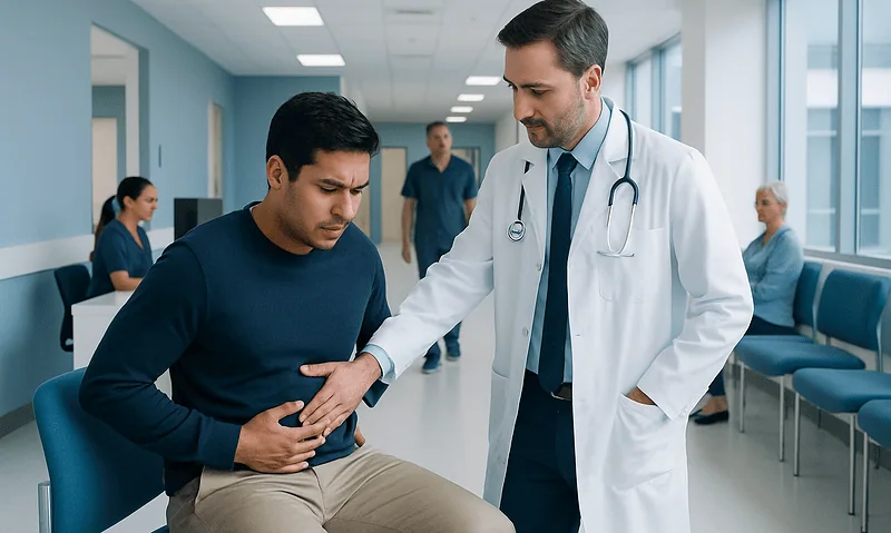 Doctor examining patient with stomach pain in hospital corridor.