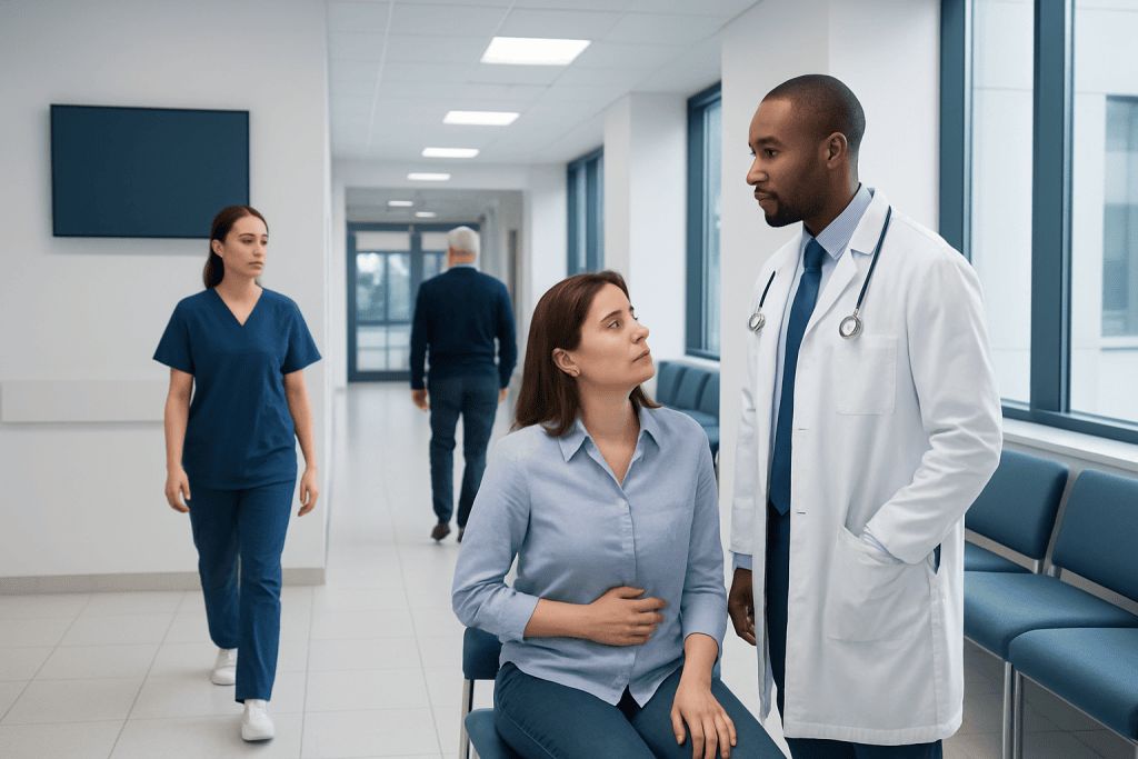 Gastroenteritis Treatments: Symptoms, Causes, and Treatment Options 1 Doctor consulting a patient in a hospital corridor with medical staff nearby.
